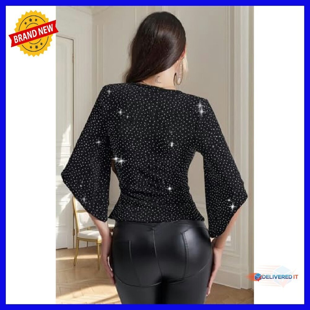 Shiny Glitter Blouse 3/4 Sleeve V-Neck Party Top Slim Fit - Picture 5 of 8